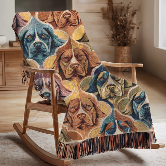 Colorful Folk Art Dog Blanket – Hound Dog Faces Pattern, 100% Cotton Woven Throw for Dog Lovers