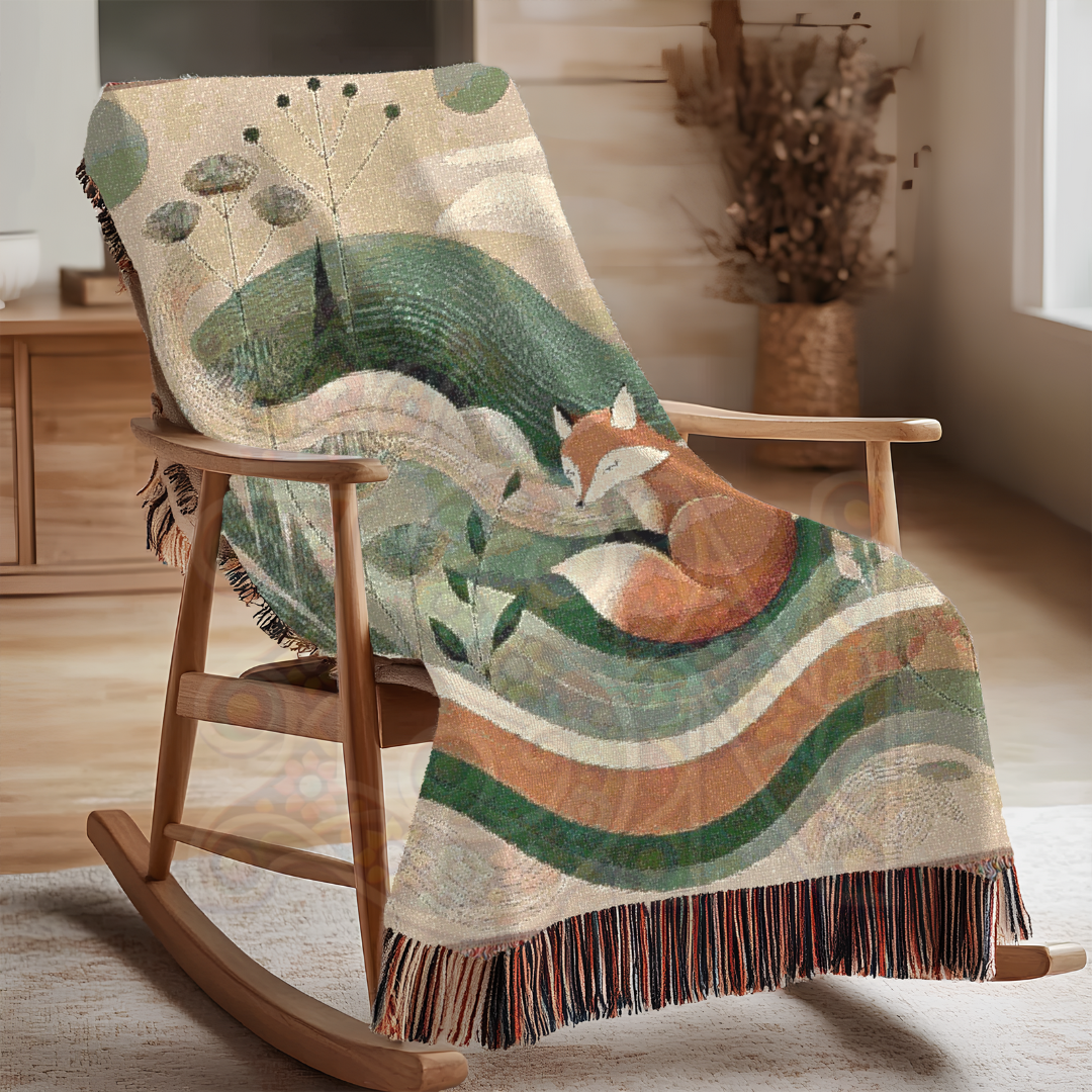 Fox Woven Blanket - 100% Cotton Nature Throw, Cozy Woodland Decor, Boho Tapestry, Minimalist Forest Aesthetic, Unique Art Gift