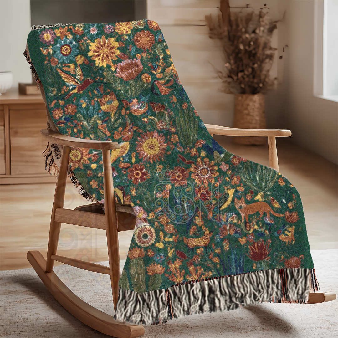 Vibrant Mexican Folk Art Woven Blanket in Green | Cacti, Birds, and Flowers Design