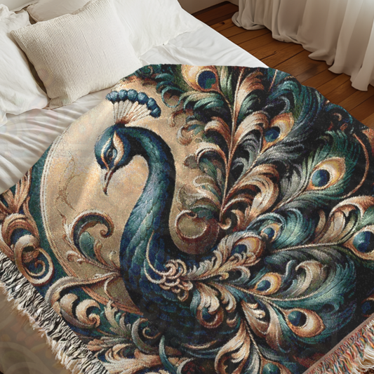 Peacock Woven Blanket | 100% Cotton Tapestry Throw | Luxe Boho Decor | Baroque Nature Art | Ornate Bird Blanket | Cozy Elegant Gift