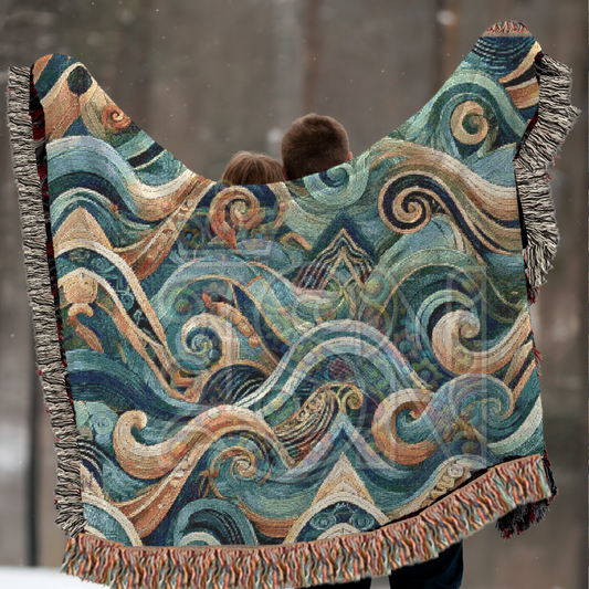 Abstract Ocean Waves Woven Throw Blanket – Tribal Inspired Cotton Tapestry