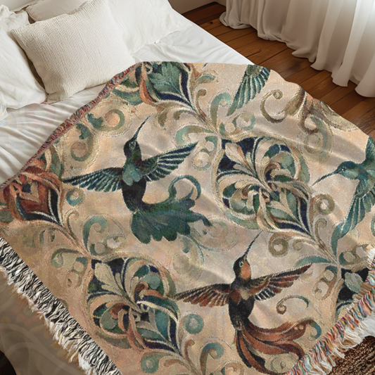 Hummingbird Woven Blanket | Ornate Nature-Inspired Cotton Throw | Vintage Floral Tapestry | Elegant Boho Bedspread | Cottagecore Decor