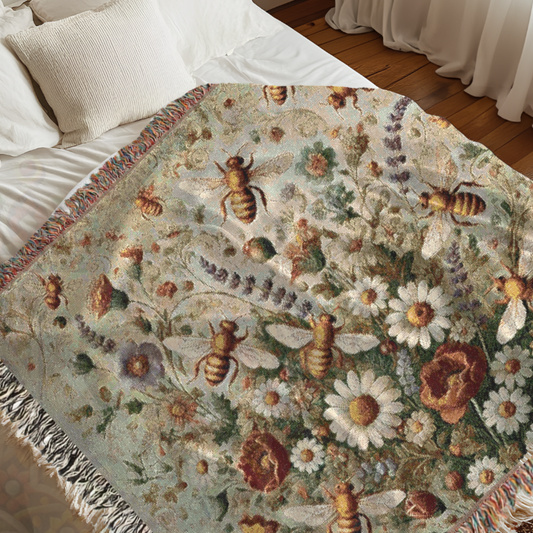 Bee Woven Blanket | 100% Cotton Floral Tapestry | Cottagecore Honeybee & Wildflower Throw | Boho Farmhouse Nature Decor