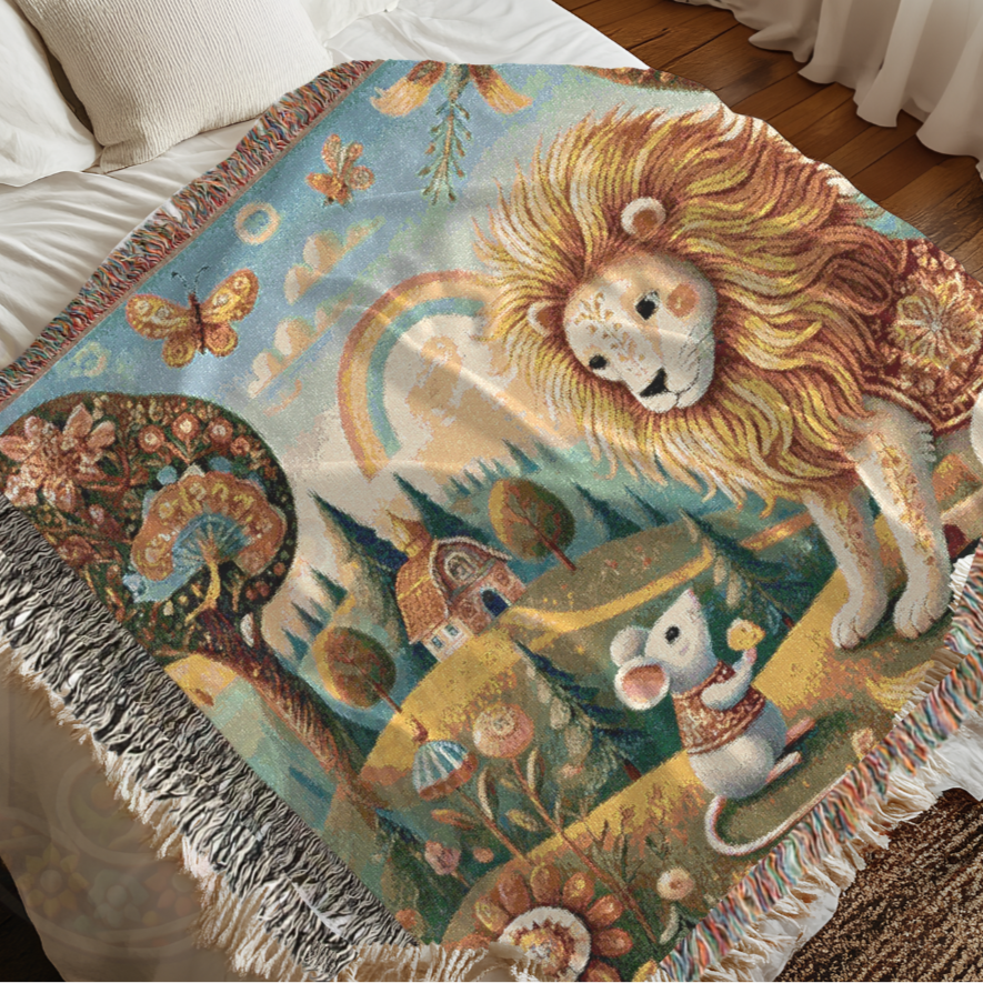 Enchanted Folk Art Woven Blanket – Storybook Lion & Mouse Tapestry | Cozy 100% Cotton Boho Woodland Throw, Nursery & Home Decor