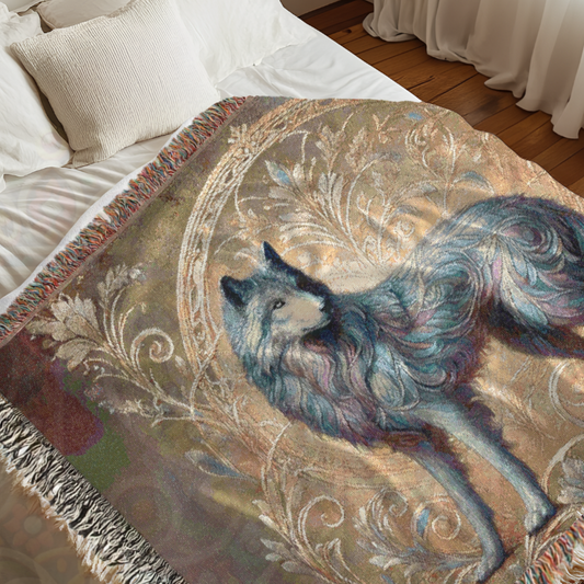 Mystical Wolf Woven Blanket – Ethereal Guardian Wolf Tapestry Throw – Boho Nature Decor, Free Spirit Animal, Cozy Fantasy Woodland Gift