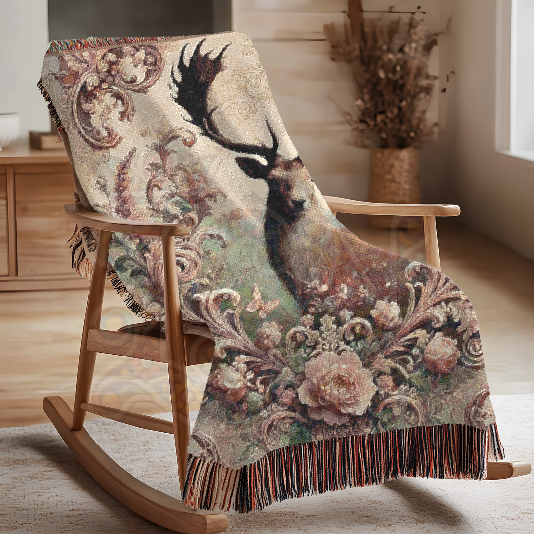 Majestic Deer Woven Blanket – 100% Cotton Nature Throw | Vintage Wildlife Tapestry | Rustic Lodge Decor | Cottagecore Bedding