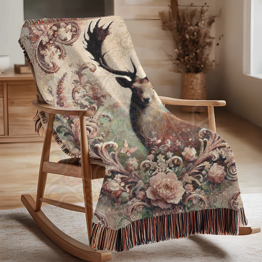 Majestic Deer Woven Blanket – 100% Cotton Nature Throw | Vintage Wildlife Tapestry | Rustic Lodge Decor | Cottagecore Bedding