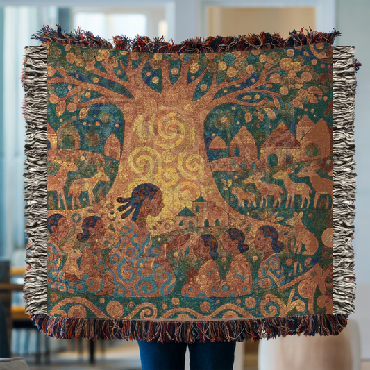 The Tree That Taught the Village – African Folk Art Woven Blanket, Story Throw, Cultural Gift, Nature-Inspired Textile for Home Decor & Learning Spaces