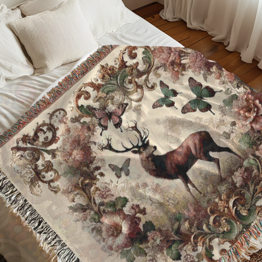Vintage Deer Woven Blanket - 100% Cotton Throw | Regal Stag & Butterflies Tapestry | Victorian Baroque Nature Decor | Elegant Rustic Charm
