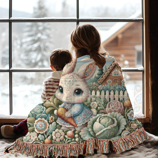 Whimsical Cottagecore Female Bunny Blanket, 100% Cotton Woven Throw – Cozy Fairy Tale Rabbit & Floral Farmhouse Tapestry