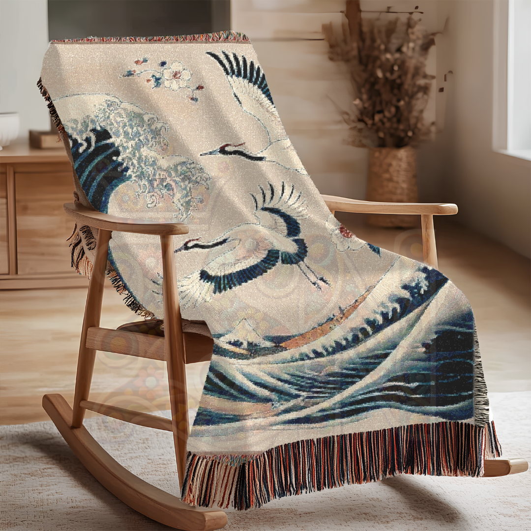 Japanese Wave & Crane Woven Blanket – 100% Cotton Tapestry Elegant Ocean Throw, Traditional Art Home Decor, Ukiyo-e Inspired Gift
