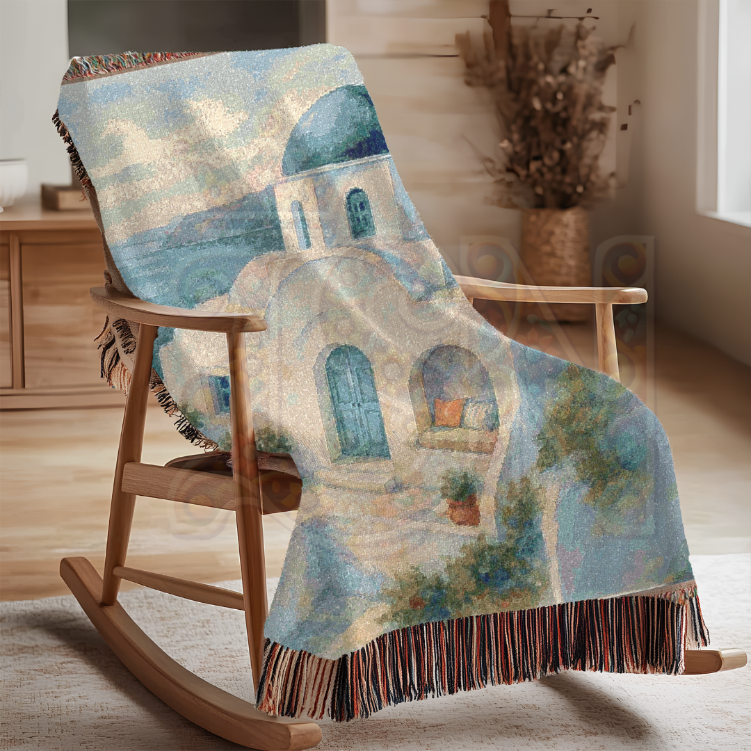 Cliffside Calm – Greek Villa Woven Blanket with Blue Dome & Coastal Landscape