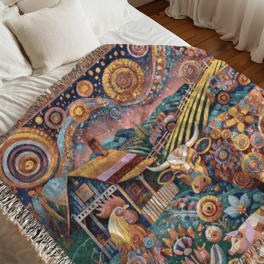 Whimsical Folk Art Farm Woven Blanket – Rustic Barnhouse Throw, Country Chic Tapestry, Vibrant Cow, Rooster & Pig Blanket, Farmhouse Decor
