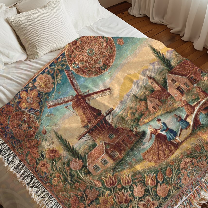 Dutch Countryside Woven Blanket – 100% Cotton, Windmill Tapestry, Vintage Farmhouse Decor, Rustic European Throw, Cozy Heritage Gift
