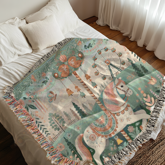 The Meadow Carousel – Pastel Storybook Woven Throw Blanket with Horse and Fairground