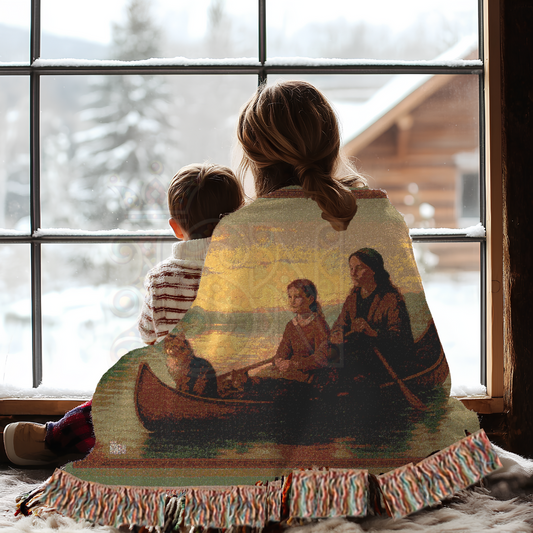 The Journey Home – Frontier Canoe Woven Blanket, Folk Art Throw Featuring Mother, Daughter & Cat at Sunset