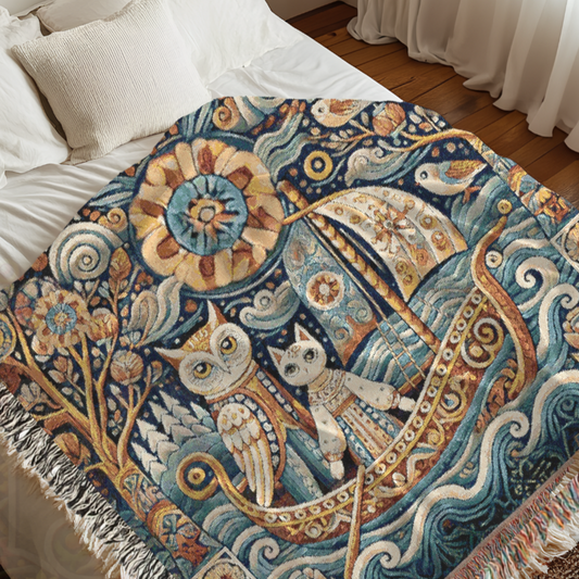 The Owl & The Pussycat Woven Blanket – 100% Cotton Fairytale Tapestry | Whimsical Storybook Throw | Boho Folklore Home Decor