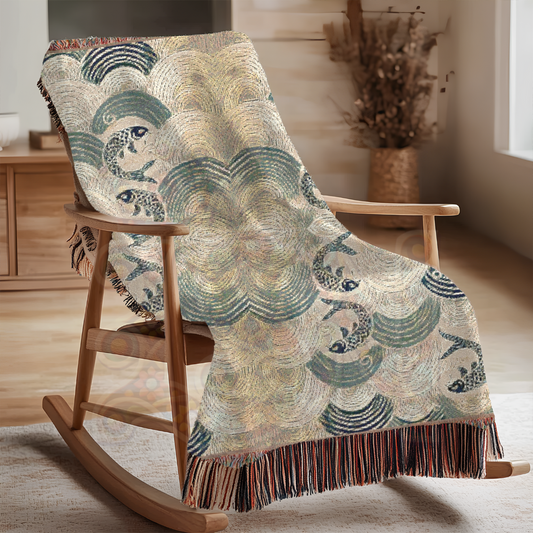 Boho Fish Woven Blanket – Coastal Throw, 100% Cotton, Ocean-Inspired Nautical Decor, Soft & Cozy Beach House Gift