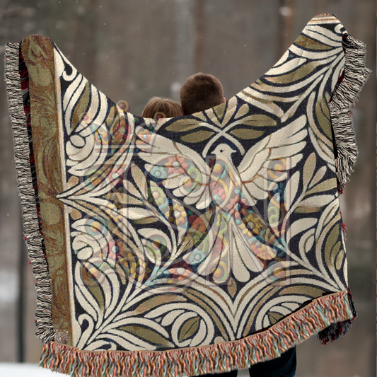 Graceful Flight Folk Art Dove Woven Blanket – Majestic Peace Symbol Throw with Ornate Nature Design