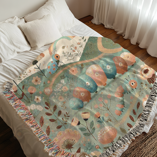 The Caterpillar’s Dream – Storybook Woven Throw with Garden Insects and Butterfly Motif