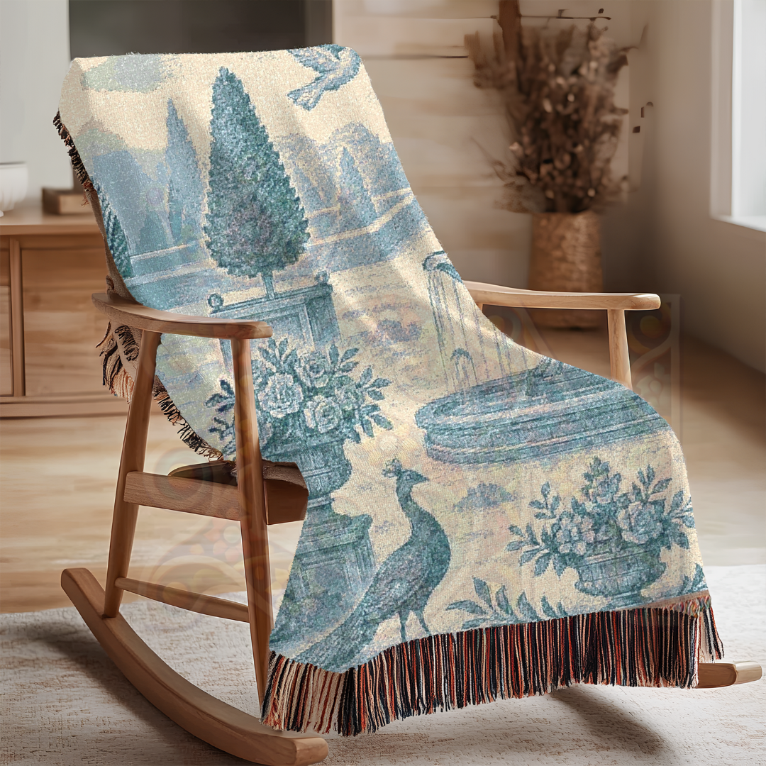 French Garden Peacock Woven Blanket – Blue Fountain Tapestry Throw for Elegant Wall Art or Sofa Décor – 100% Cotton Chateau Textile