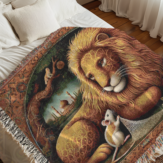 The Lion & The Mouse Woven Blanket– Aesop’s Fables Old World Tapestry Throw, 100% Cotton, Storybook Decor, Cozy Wildlife Art, Fairytale Textile