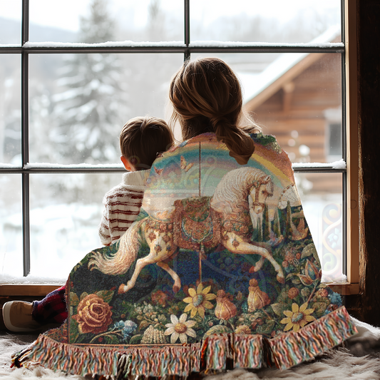 Enchanted Carousel Horse Woven Blanket, 100% Cotton Tapestry Throw, Fantasy Home Decor, Floral Fairytale Art