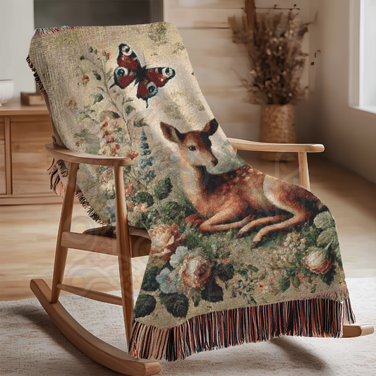 Gentle Doe in the Secret Garden Woven Blanket – Tranquil Animal Story Throw, Nursery Gift