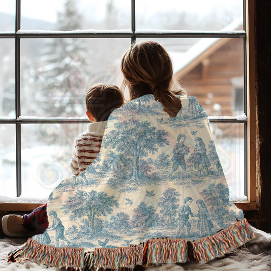 French Toile Woven Blanket – Blue & Cream Pastoral Scene Throw or Tapestry with Repeating Vintage Vignettes – 100% Cotton Cozy Decor
