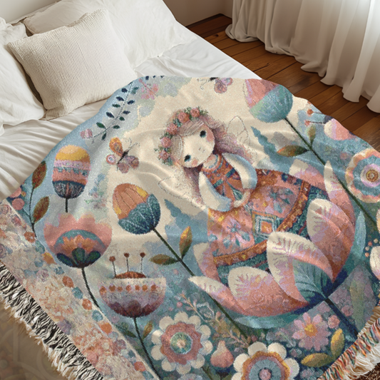Thumbelina Fairy Tale Woven Blanket – 100% Cotton Nordic Folk Art Tapestry | Enchanted Fairy Flower Throw for Nursery & Cottagecore Decor