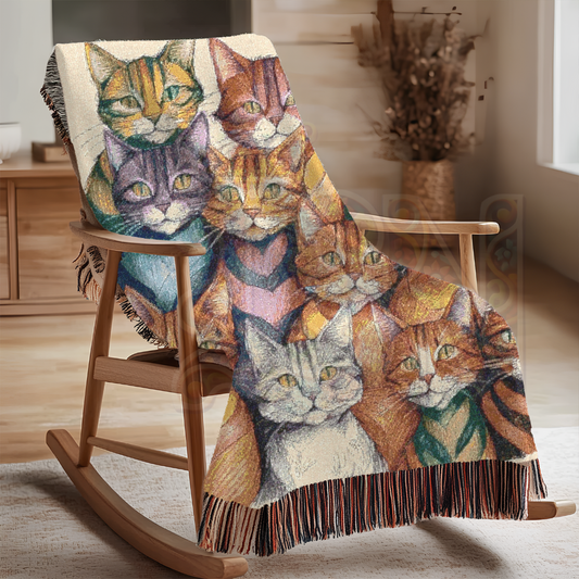 Colorful Cat Rows – Vibrant Folk Art Woven Throw Blanket with Playful Cats