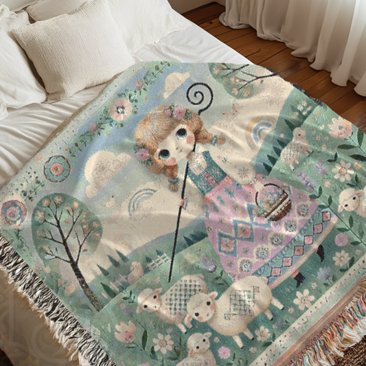 Pastel Shepherd Girl Woven Blanket – Cottagecore Farmhouse Tapestry Throw, Soft Vintage Nursery Decor, Cozy 100% Cotton Blanket, Whimsical Storybook Style