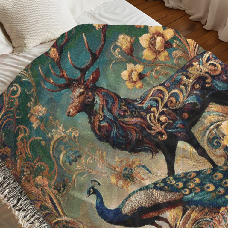 Majestic Stag & Peacock Woven Blanket – Baroque-Inspired Wildlife Tapestry Throw | Elegant Nature Art for Boho & Vintage Home Decor