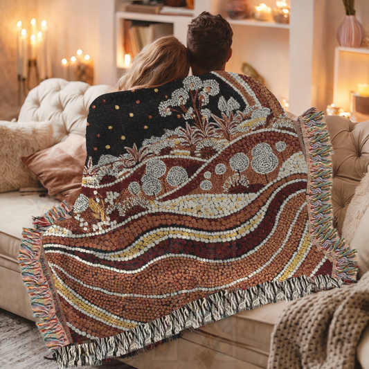 Australian Art-Inspired Woven Blanket – Tribal Cotton Tapestry, Boho Folk Art Throw