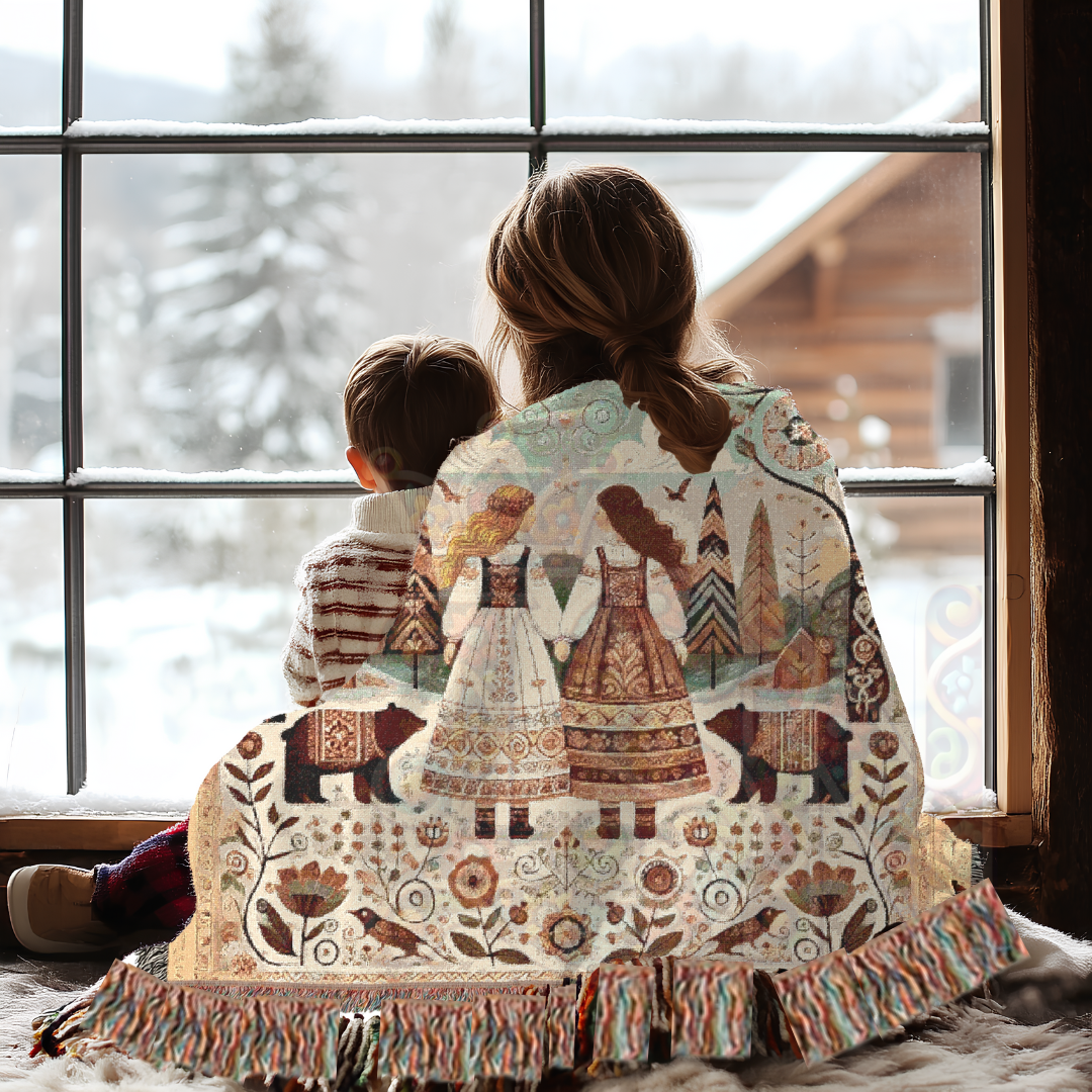 Whimsical Folk Art Woven Blanket – Nordic Sisters & Bears Tapestry Throw | Cozy Cottagecore, Fairytale Home Decor, & Storytelling Art
