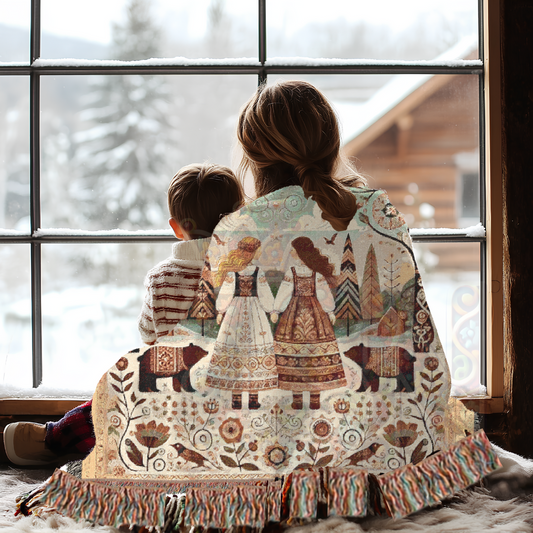 Whimsical Folk Art Woven Blanket – Nordic Sisters & Bears Tapestry Throw | Cozy Cottagecore, Fairytale Home Decor, & Storytelling Art