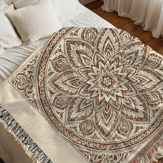 The Stillpoint – Brown Mandala Woven Throw Blanket in Boho Style