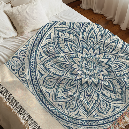 Serene Blue Mandala – Elegant Woven Cotton Throw Blanket with Intricate Floral Medallion Design