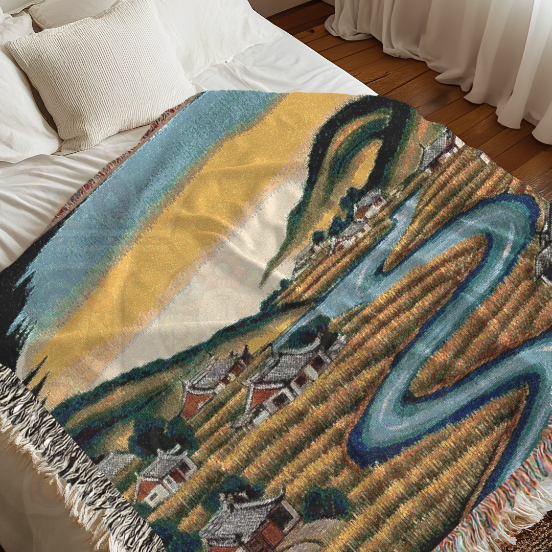 River of Rice – Asian Korean Folk Art Woven Throw Blanket with Countryside Village Scene