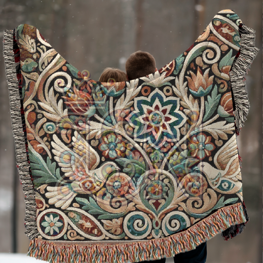 Peaceful Harmony Folk Art Dove Woven Blanket – Elegant Ornate Throw with Symbolic Doves & Garden Motifs