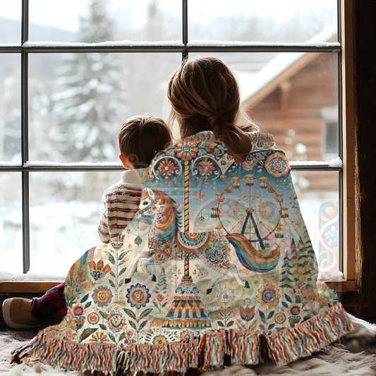 Whimsical Carousel Horse Woven Blanket – Folk Art Fairytale Tapestry Throw | Vintage Circus, Boho Carnival, & Enchanted Home Decor