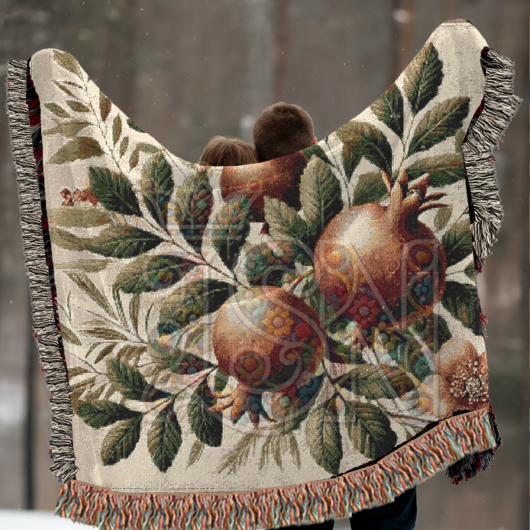 Pomegranate Blessing Woven Botanical Throw Blanket – 100% Cotton Heirloom Tapestry for Home & Gift