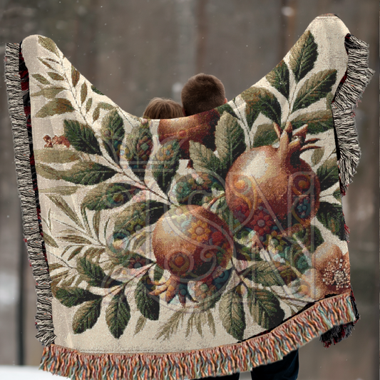 Pomegranate Blessing Woven Botanical Throw Blanket – 100% Cotton Heirloom Tapestry for Home & Gift
