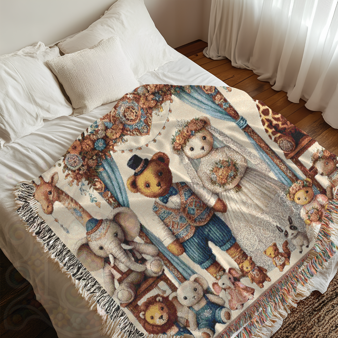 Teddy Bear Wedding Woven Blanket – 100% Cotton Vintage-Inspired Throw for Nursery, Wedding Gift, & Cozy Home Decor | Heirloom Tapestry for Storybook Lovers
