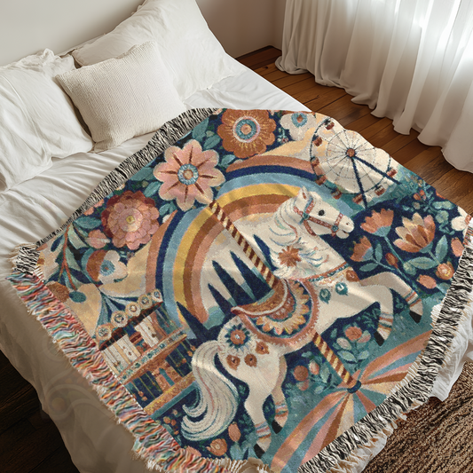The Midnight Carousel – Folk Art Woven Throw Blanket with Carnival Horse and Florals