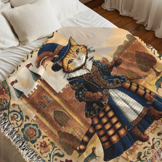 Puss in Boots Woven Blanket - 100% Cotton Tapestry Throw, Fairy Tale Cat Decor, Medieval Castle Art, Cottagecore Gift