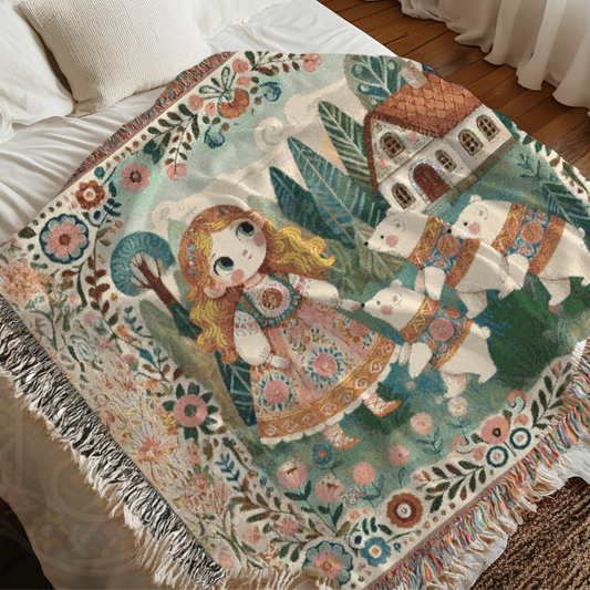 Goldilocks & Three Bears Woven Blanket – 100% Cotton Fairytale Throw, Soft Light Storybook Tapestry, Cottagecore Baby Gift, Nursery Decor