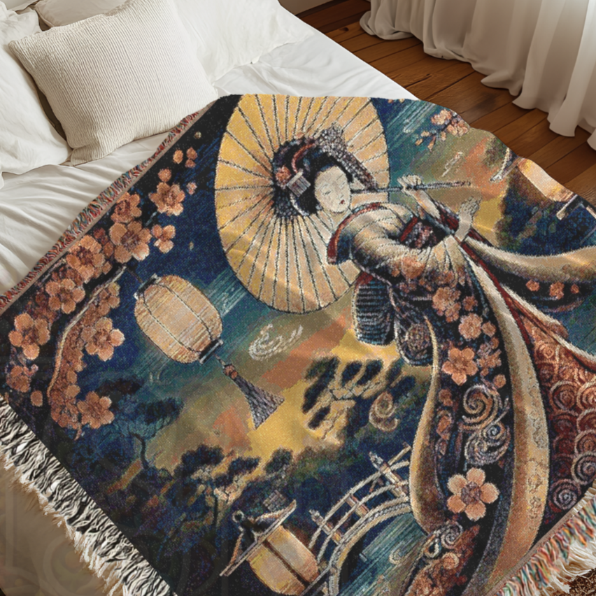Japanese Folk Art Geisha Woman Serenity Tapestry Blanket – Elegant Japanese Art, Cherry Blossoms & Lantern Glow – Cozy & Decorative Throw