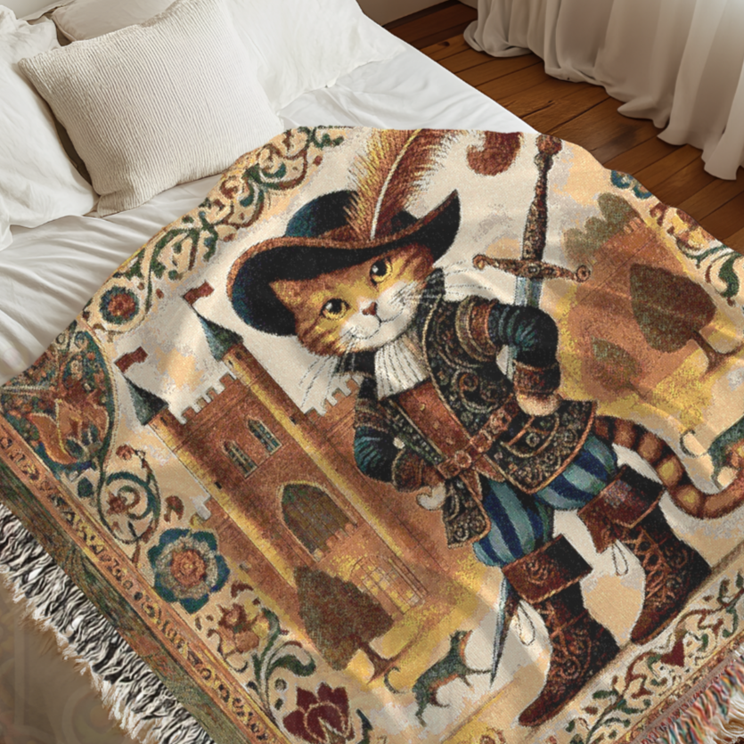 Puss in Boots Woven Blanket - 100% Cotton Tapestry Throw, Fairy Tale Cat Decor, Medieval Castle Art, Whimsical Vintage Gift