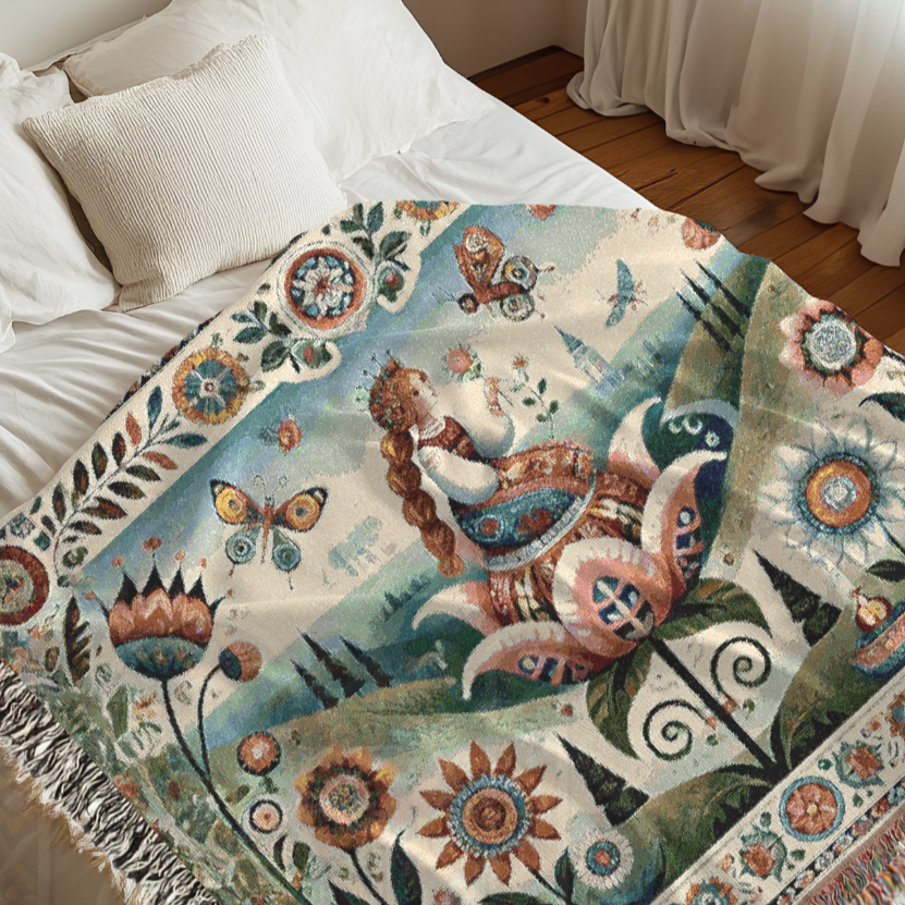 Whimsical Folk Art Thumbelina Inspired Princess Woven Blanket, 100% Cotton Tapestry – Storybook Fairytale Throw, Nordic Boho Home Decor, Cozy Gift for Her